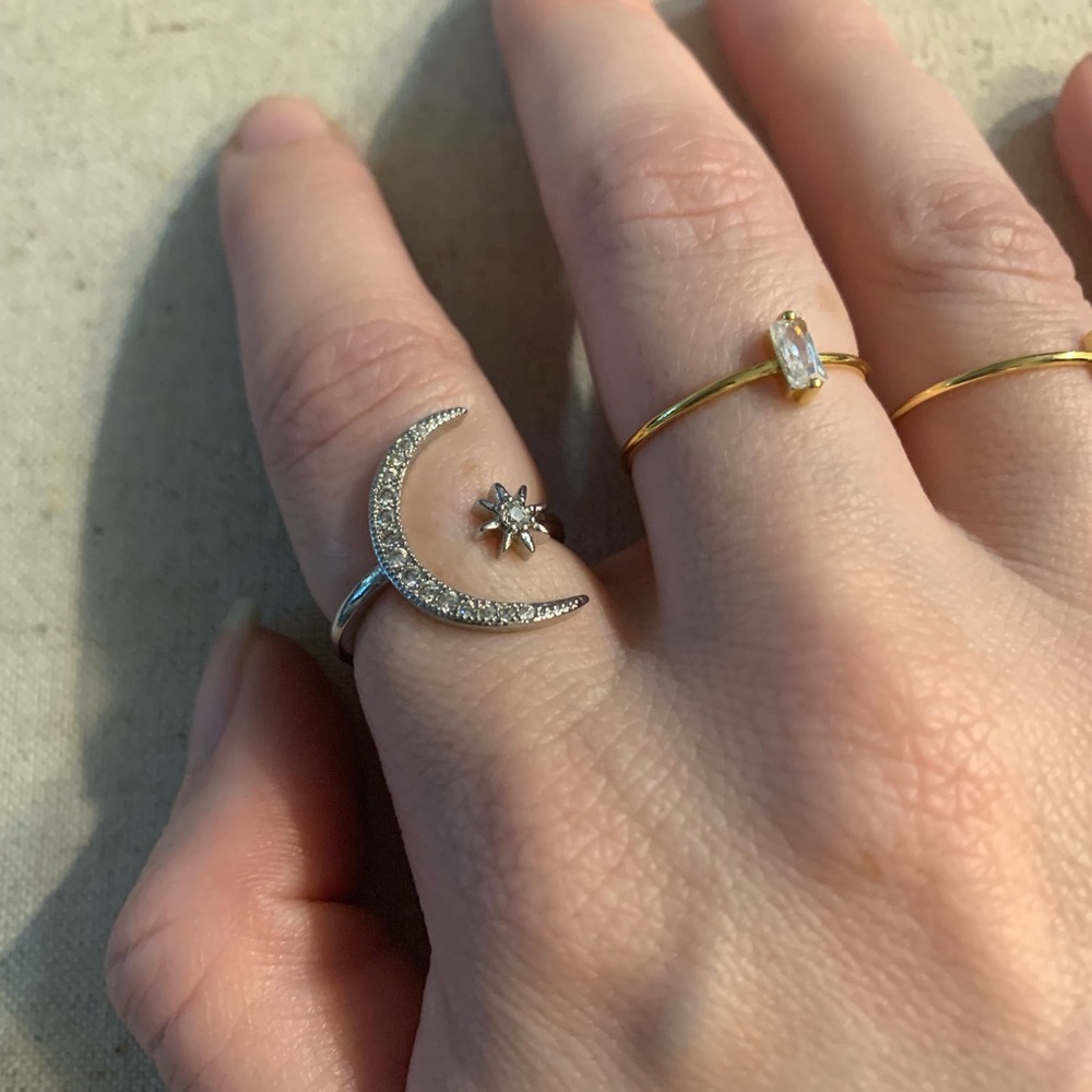 Silver Adjustable Moon And Star Ring